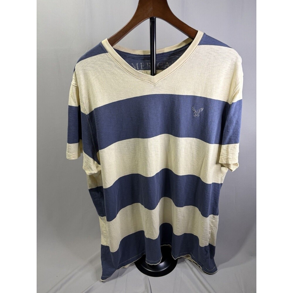 Men’s American Eagle Size XXL Short Sleeve V-Neck Blue And Yellow Large Stripes